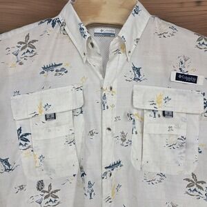Columbia PFG Super Bahama Shirt Mens Medium Tropical Palm Vented Short Sleeve